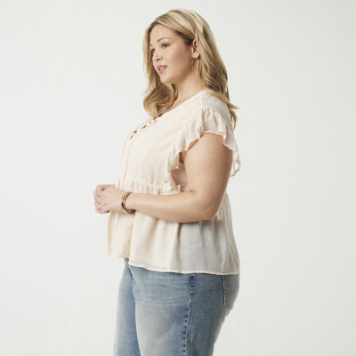 JS Jessica Simpson Womens Plus Split Tie Neck Sleeveless Blouse