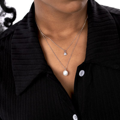 Silver Treasures Womens White Cubic Zirconia 18 Inch Strand Necklace