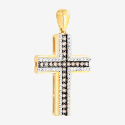 Mens 1/2 CT. T.W. Mined Champagne Diamond 10K Gold Cross Pendant