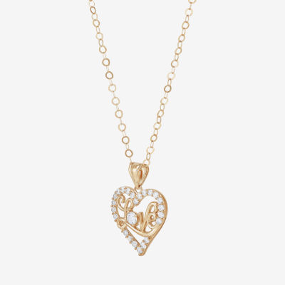 "Love" Womens White Cubic Zirconia 10K Gold Heart Pendant Necklace