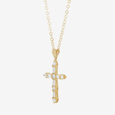 Womens White Cubic Zirconia 10K Gold Cross Pendant Necklace