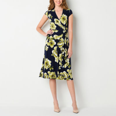 Robbie Bee Short Sleeve Midi Sheath Dress, Color Navy Lime JCPenney