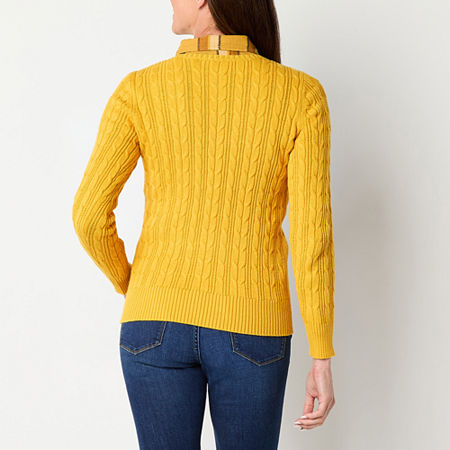 St. John's Bay Womens Crew Neck Long Sleeve Cable Knit Pullover Sweater, Petite Medium, Yellow