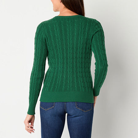 St. John's Bay Womens Crew Neck Long Sleeve Cable Knit Pullover Sweater, Petite Medium, Green