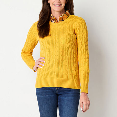 St. John's Bay Womens Crew Neck Long Sleeve Cable Knit Pullover Sweater, Petite Medium, Yellow