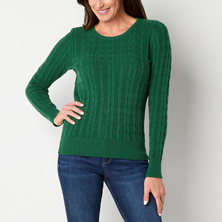 St. John's Bay Womens Crew Neck Long Sleeve Cable Knit Pullover Sweater, Petite Medium, Green