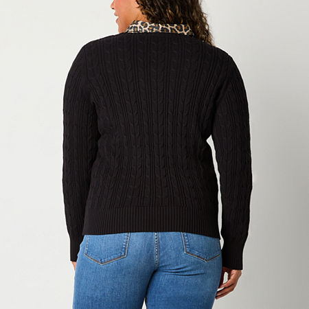 St. John's Bay Womens V Neck Long Sleeve Cable Knit Pullover Sweater, Petite Xx-large, Black