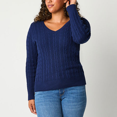 St. John's Bay Womens V Neck Long Sleeve Cable Knit Pullover Sweater, Petite Xx-large, Blue