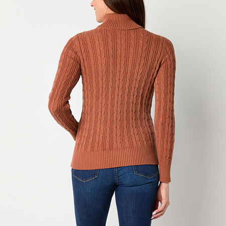 St. John's Bay Womens Turtleneck Long Sleeve Cable Knit Pullover Sweater, Petite X-large, Brown