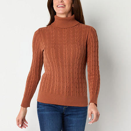 St. John's Bay Womens Turtleneck Long Sleeve Cable Knit Pullover Sweater, Petite X-large, Brown