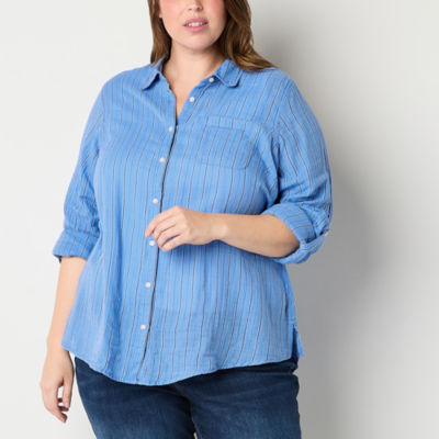 St. John's Bay Plus Womens Long Sleeve Regular Fit Button-Down Shirt