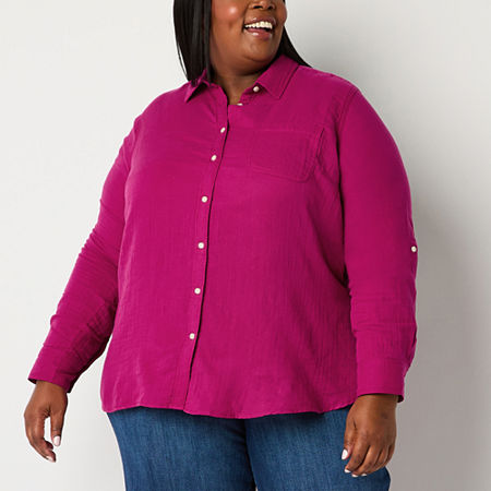 St. John's Bay Plus Womens Long Sleeve Regular Fit Button-Down Shirt, 2x, Pink