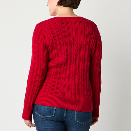 St. John's Bay Womens Crew Neck Long Sleeve Cable Knit Pullover Sweater, Petite Large, Red