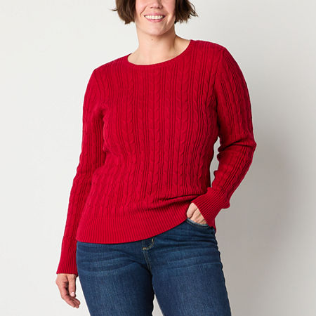 St. John's Bay Womens Crew Neck Long Sleeve Cable Knit Pullover Sweater, Petite Large, Red