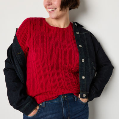 St. John's Bay Womens Crew Neck Long Sleeve Cable Knit Pullover Sweater