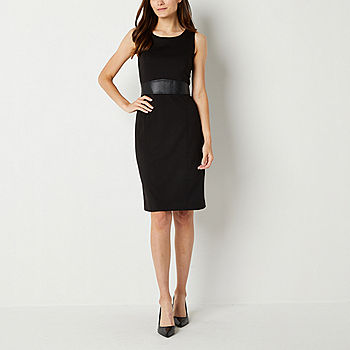 Black Label by Evan-Picone Faux Leather Waist Sleeveless Sheath Dress,  Color: Black - JCPenney
