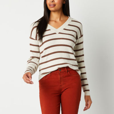 a.n.a Womens V Neck Long Sleeve Striped Pullover Sweater