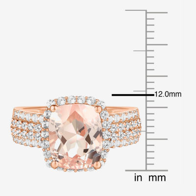 Womens Lab Created Pink Sapphire 14K Rose Gold Over Silver Cushion Halo Side Stone Cocktail Ring