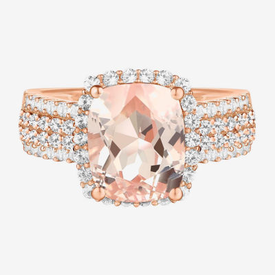 Womens Lab Created Pink Sapphire 14K Rose Gold Over Silver Cushion Halo Side Stone Cocktail Ring