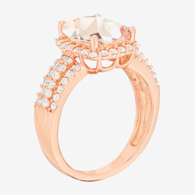 Womens Lab Created Pink Sapphire 14K Rose Gold Over Silver Cushion Halo Side Stone Cocktail Ring