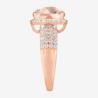 Womens Lab Created Pink Sapphire 14K Rose Gold Over Silver Cushion Halo Side Stone Cocktail Ring