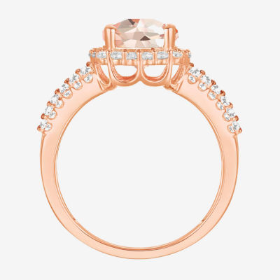 Womens Lab Created Pink Sapphire 14K Rose Gold Over Silver Cushion Halo Side Stone Cocktail Ring