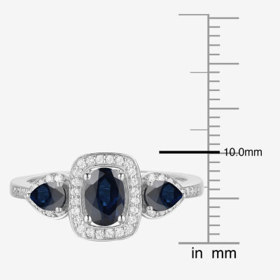 Womens 1/5 CT. T.W. Genuine Blue Sapphire 10K White Gold Cushion Halo 3-Stone Cocktail Ring