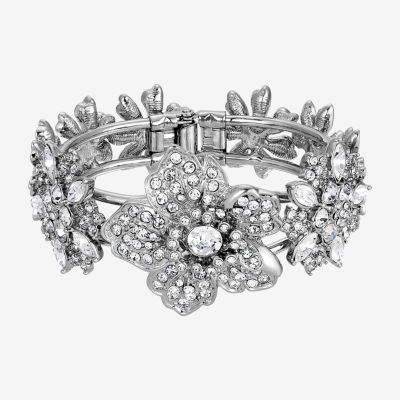 1928 Silver-Tone Womens Crystal Cuff Bracelet