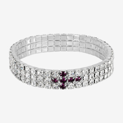 1928 Silver-Tone Womens Purple Crystal Cross Stretch Bracelet