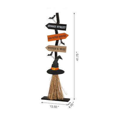 Glitzhome Lighted Wooden Witch's Broom Decor Halloween Indoor Porch Sign
