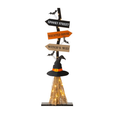 Glitzhome Lighted Wooden Witch's Broom Decor Halloween Indoor Porch Sign