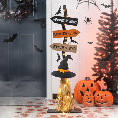 Glitzhome Lighted Wooden Witch's Broom Decor Halloween Indoor Porch Sign