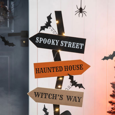 Glitzhome Lighted Wooden Witch's Broom Decor Halloween Indoor Porch Sign