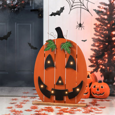 Glitzhome Lighted Wooden Pumpkin Decor Halloween Indoor Porch Sign