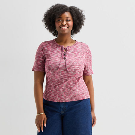 a.n.a Womens Plus Split Tie Neck Short Sleeve T-Shirt, 3x, Red