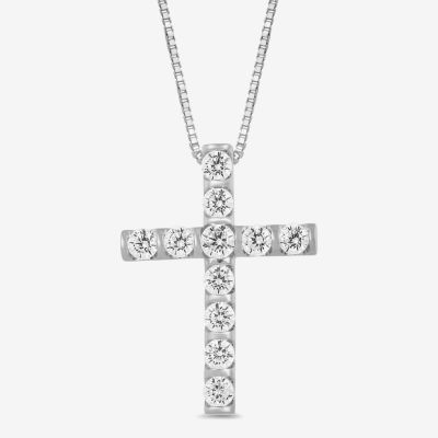 Womens 1 CT. T.W. Lab Grown White Diamond 10K or Yellow Gold Cross Pendant Necklace