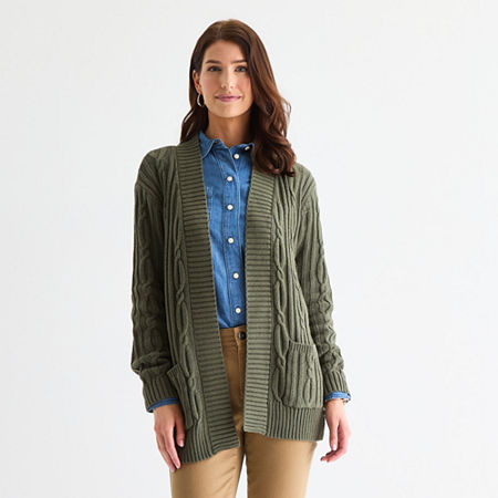 St. John's Bay Womens Long Sleeve Open Front Tall Cable Knit Cardigan In Green