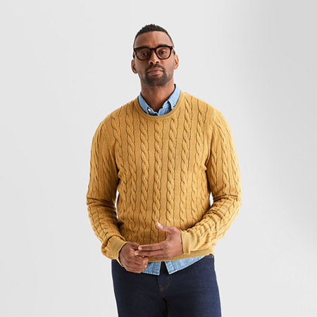 St. John's Bay Cable Mens Crew Neck Long Sleeve Pullover Sweater In Yellow