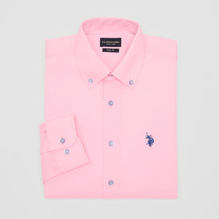 U.S. Polo Assn. Mens Slim Fit Stretch Fabric Long Sleeve Dress Shirt, 17-17.5 34-35, Pink