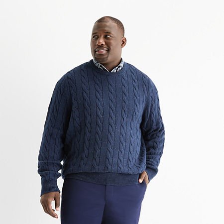 St. John's Bay Cable Big And Tall Mens Crew Neck Long Sleeve Pullover Sweater In Blue