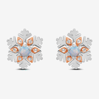 Enchanted Disney Fine Jewelry Diamond Accent Lab Created White Opal 10K Rose Gold Sterling Silver 10.9mm Flower Princess Elsa Frozen Stud Earrings