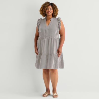 5th + Madison Edit Womens Plus Sleeveless Striped Shirt Dress, Color: Brown  Ivory - JCPenney