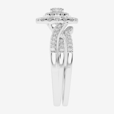 Womens 1/2 CT. T.W. Natural White Diamond 10K White Gold Oval Side Stone Halo Bridal Set