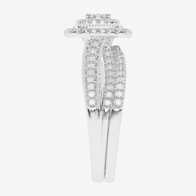 Womens 1/2 CT. T.W. Natural White Diamond 10K White Gold Cushion Side Stone Halo Bridal Set