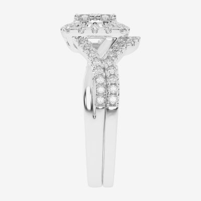 Womens 1/2 CT. T.W. Natural White Diamond 10K White Gold Cushion Side Stone Halo Bridal Set