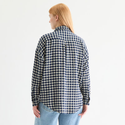 Arizona Womens Long Sleeve Oversized Juniors Button-Down Shirt