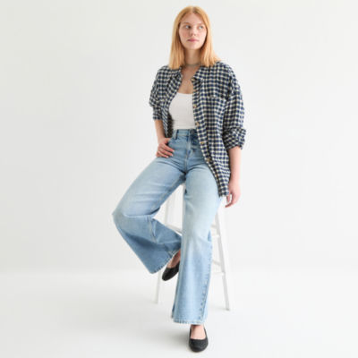 Arizona Womens Long Sleeve Oversized Juniors Button-Down Shirt