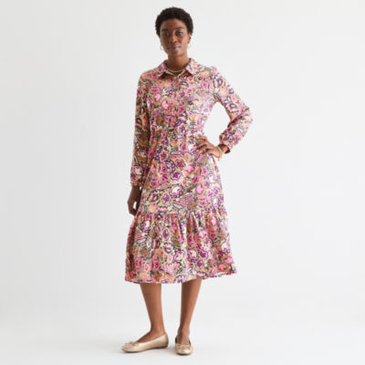 John's Bay Womens Long Sleeve Midi Floral A-Line Dress, Color