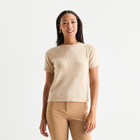 Liz Claiborne Womens Crew Neck Short Sleeve Pullover Sweater, Small, Beige