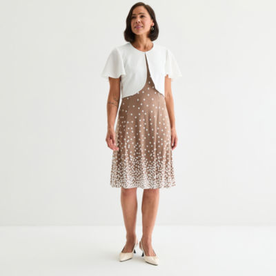 Perceptions Womens Petite Floral Jacket Dress, Color: Ivory Taupe